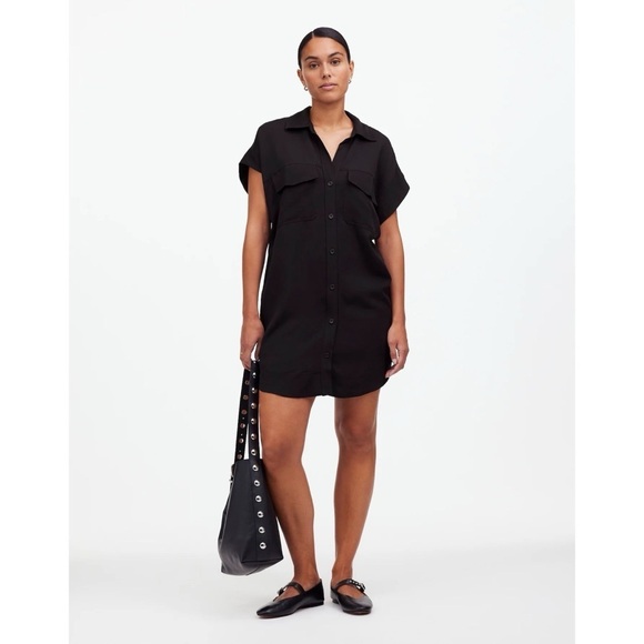 Madewell Dress Utility Button-Front Mini Linen Blend True Black M NWT New - Picture 1 of 12